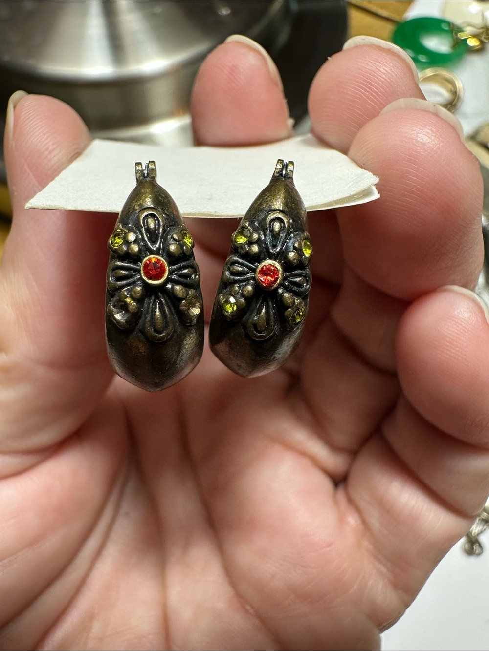 Vintage-Style Bronze Floral Hoop Earrings with Red and Lime Accents